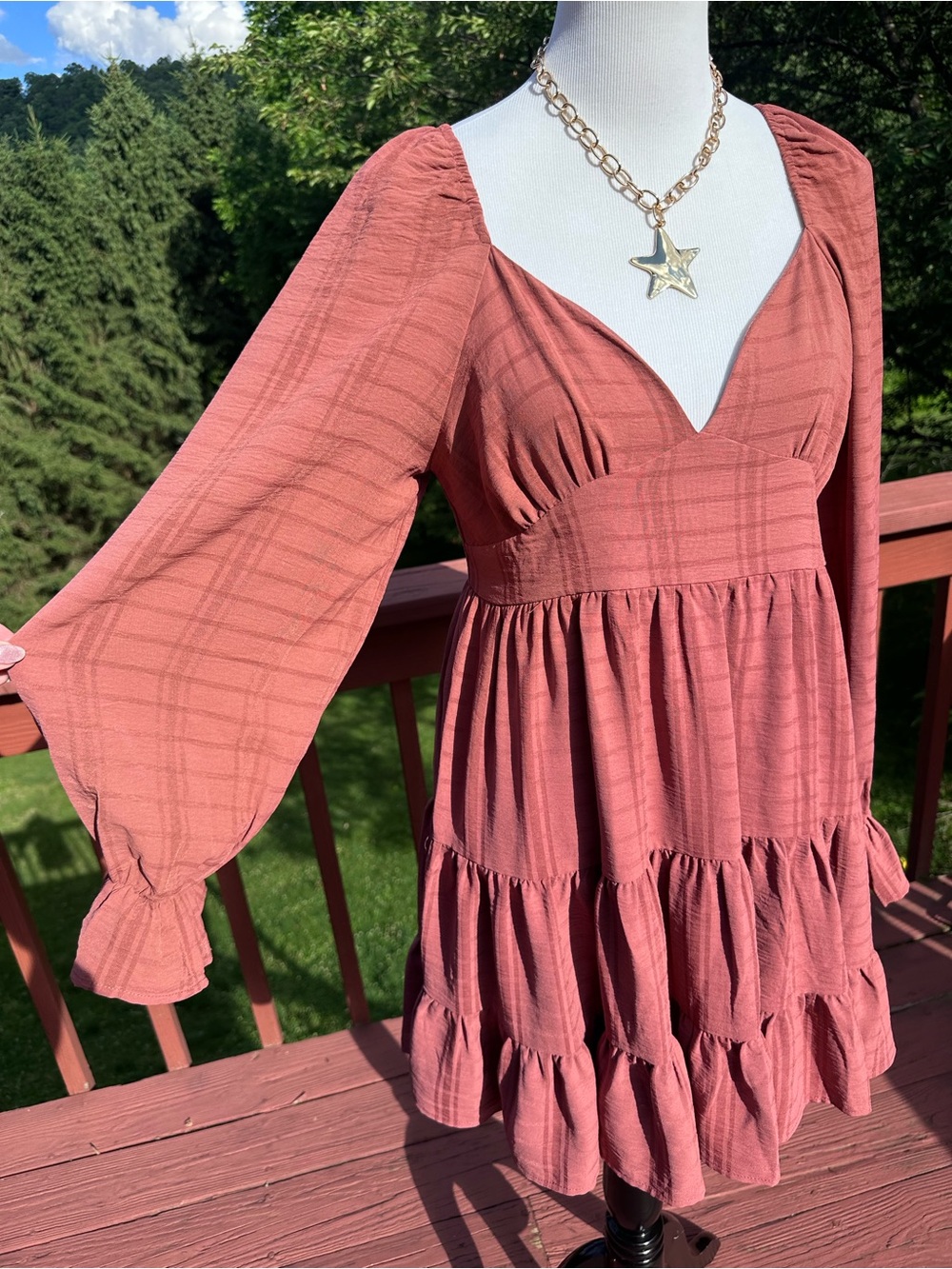 NWT! Altar'd State Dusty Rose Puff-Sleeve Tiered V-Neck Dress - Picture 2 of 4